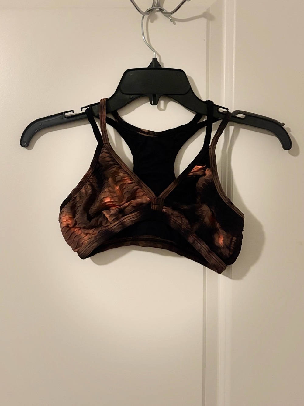 Women's Black Sports Bra with Brown Patterned Accents